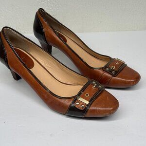 Cole Haan Pumps Buckle Accent Brown Leather Mid Heel Slip On Size 9B